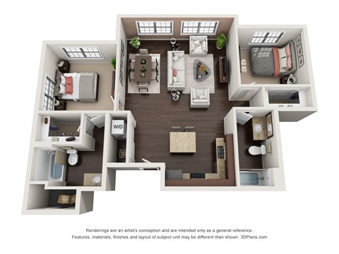 Floor plan for 2 beds, 2 baths, 1095 sqft